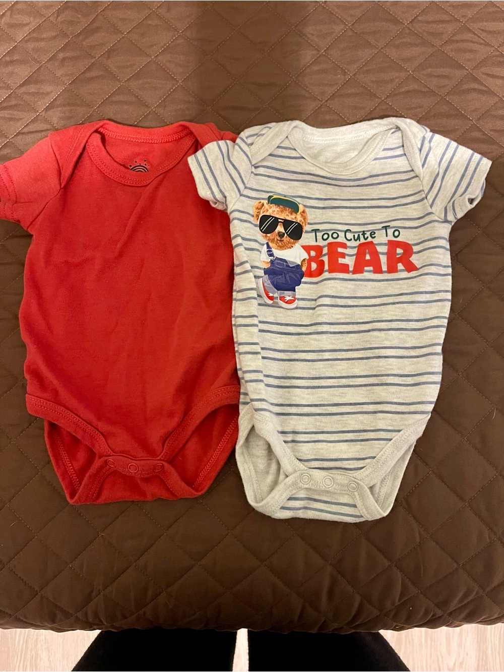 Kids One-Piece Bodysuit Set - Red & Blue Striped 'Too Cute to Bear'